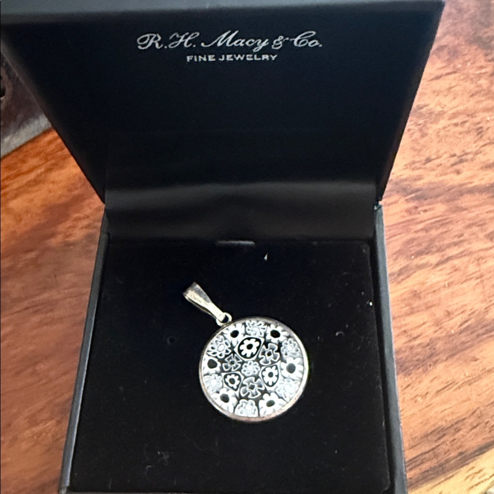 Black and White vintage Italian Millefiori glass mosaic pendant in 925 sterling